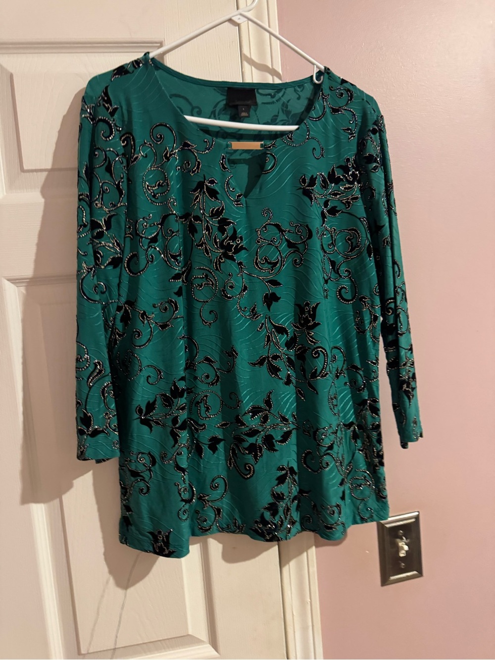 Women's Teal Long Sleeve V-Notch Top with Black Velvet Floral Accents